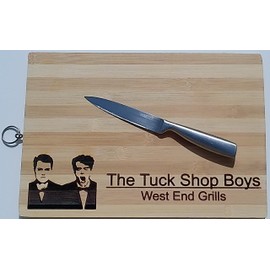 Handy Stamps Novelty Pet Shop Boys Themed Bamboo Chopping/Serving Board with Engraved Design, Large Kitchen Board (34 cm x 24 cm) with Hanging Ring, 'West End Grills' Quote