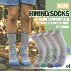 Sandsuced Kids Merino Wool Walking Socks Girls Boys Winter Thermal Warm Cosy Hiking Boot Thick Cushion Gift Stocking Fillers Socks 4 Pairs(Grey/Blue/Green/Brown,8-12 Years)