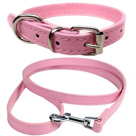 Vibrant Leather Dog Collar & Lead Combo Set for Puppy, Dogs Small, Medium & Large (Large (36cm - 46cm Neck), Light Pink)