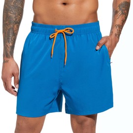 Men's Swim Trunks Quick Dry Beach Shorts with Compression Liner Swimming Shorts with Zipper Pockets Blue 2XL