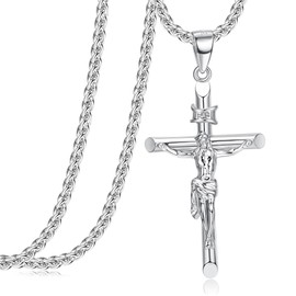 Besteel Sterling Silver Crucifix Necklace for Men Women - Men's Silver Crucifix Pendant Necklace with Stainless Steel Rope Chain Catholic Baptism Jesus Cross Necklace Jewelry 18 Inches（45cm）