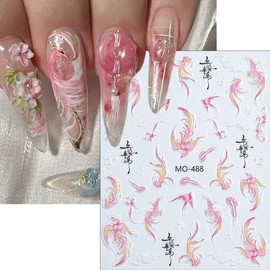 3Pcs Cute Nail Art Stickers Decals 5D Embossed Lucky Koi Fish Nail Stickers Chinese Style Design Loong Phoenix Nails Decals Pink Dragon Manicure Supplies Elegant Spring Nails Art Decorations for Women
