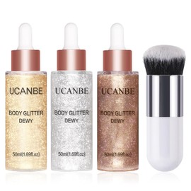 UCANBE 3 Pcs Face Body Glitter Iluminador Líquido Iluminador Gotas de Rocío Con Brocha de Maquillaje, Maquillaje Brillo Brillo Luminizador Potenciador Cuerpo Shimmer Tinte 50Ml/1.69Oz X 3(3Pcs, Estánd