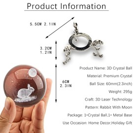 HDCRYSTALGIFTS 3D Crystal Ball Paperweight with Silver-Plated Flowering Stand,60mm Laser Engraved Rabbit Sphere Figurine Collectibles,Decorative Glass Ball,Decor Creative Gift