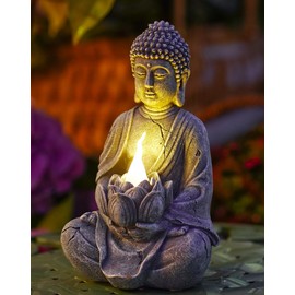 Yeomoo Buddha Figuren mit Solarlampen für Deko Wohnzimmer Schreibtisch Zubehör : Buddha Figur Zen Garten Zimmer Deko Geschenke für Frauen Mama Geburtstagsgeschenk Wetterfest Dekoration Grau 20CM