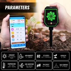 Soil Moisture Meter, 8-in-1 Bluetooth Soil Meter pH/EC/Fertility/Moisture/Salt/Light/Humidity/Temperature Monitoring with Data Logging and Calibration for Gardening, Farming, Indoor and Outdoor Plants