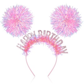 Tyqour Pom Pom Headband, Happy Birthday Headband for Women Girls, Pink Happy Birthday Crown for Women, Funny Spring Party Headbands Cosplay Accessories
