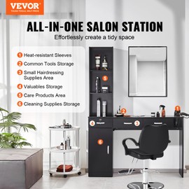 VEVOR Barber Salon Station, Wall Mount Barber Salon Station for Hair Stylist, Beauty Spa Furniture Set, 1 Storage Cabinet, 3 Open Cubbies and 3 Drawers(One Lockable), Black