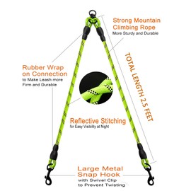 DDSCOLOUR Double Dog Leash Coupler, No Tangle 360° Swivel Reflective Double Lead Dual Two Dog Lead Splitter, fo Fits Small Medium Large Dogs,30 inch（Diameter:0.8-1.2cm),Green