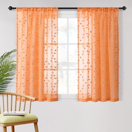 MYSKY HOME Orange Sheer Short Curtains with Pom Pom for Small Windows Bedroom Nursery Kids Girls Room Curtains Cafe Kitchen Light Filtering Boho Drapes, Rod Pocket,38 x 54 Inches, 2 Panels