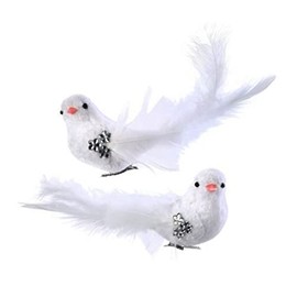 The Bridge Collection Velvet Feathered White Bird Clip-On Ornament Set of 2 - Elegant Holiday Clip On Bird Decorations with Rhinestone Accents - 6" Long