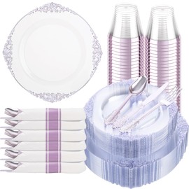 Hioasis 175pcs Clear Purple Plastic Plates - Elegant Disposable Dinnerware Set Suitable for 25 Guests Include 10.25" Dinner & 7.5" Dessert Plates, Pre Rolled Silverware Set, Cups for Party & Wedding