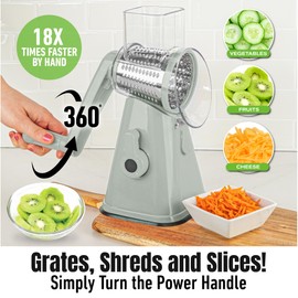 EMSON Rotary Cheese Grater Hand Crank, Stainless Steel Rotary Graters for Kitchen with 3 Blades, Vegetable Slicer, Cheese Shredder with Suction Cup Base, Dishwasher Safe - Sage