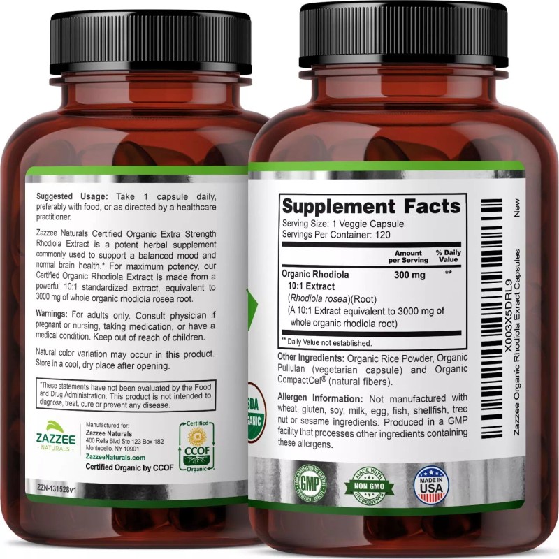 Zazzee USDA Organic Rhodiola 10:1 Exract, 3000 mg Strength, 120