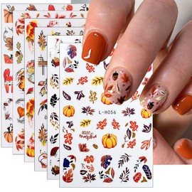 6Sheets Fall Thanksgiving Nail Stickers,3D Maple Leaf Adhesive Nail Decals Autumn Leaves Nail Supplies Cute Squirrel Pumpkin Black Leaf Glitter Nail Design Holiday DIY Manicure Decoration Accessories