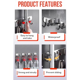 FODARSAI Mop and Broom Holder Wall Mount, Upgraded Broom Hanger Wall Mount, Stainless Steel Broom Organizer for Closet Garage Laundry Room Kitchen Wall Decor(5Racks 4Hooks Silver)