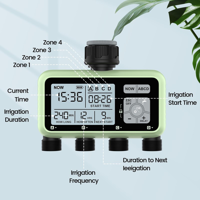 Johgee Irrigation Computer with 4 Independently Controlled Outputs, Digital Watering