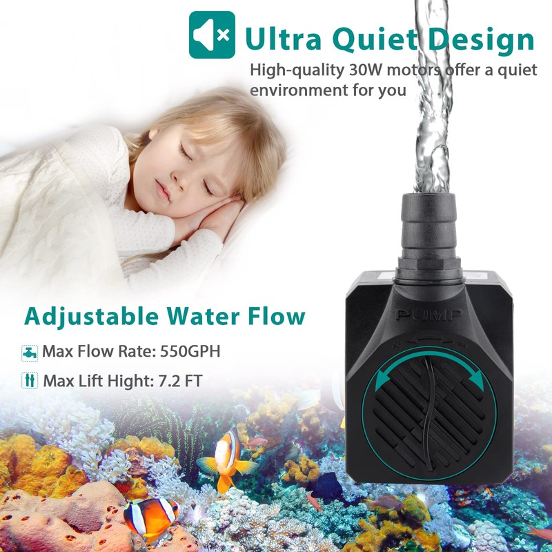 FREESEA Aquarium Submersible Fountain Pump: 30W 550GPH Adjustable Quiet Water