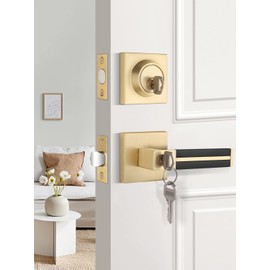 EHOMEWARE Interior Door Handle in Satin Brass Finish, 3 Pack Gold Door Knobs with Single Deadbolt, Black Leather Door Lever, Heavy Duty Door Handles with Key, Left/Right Reversible
