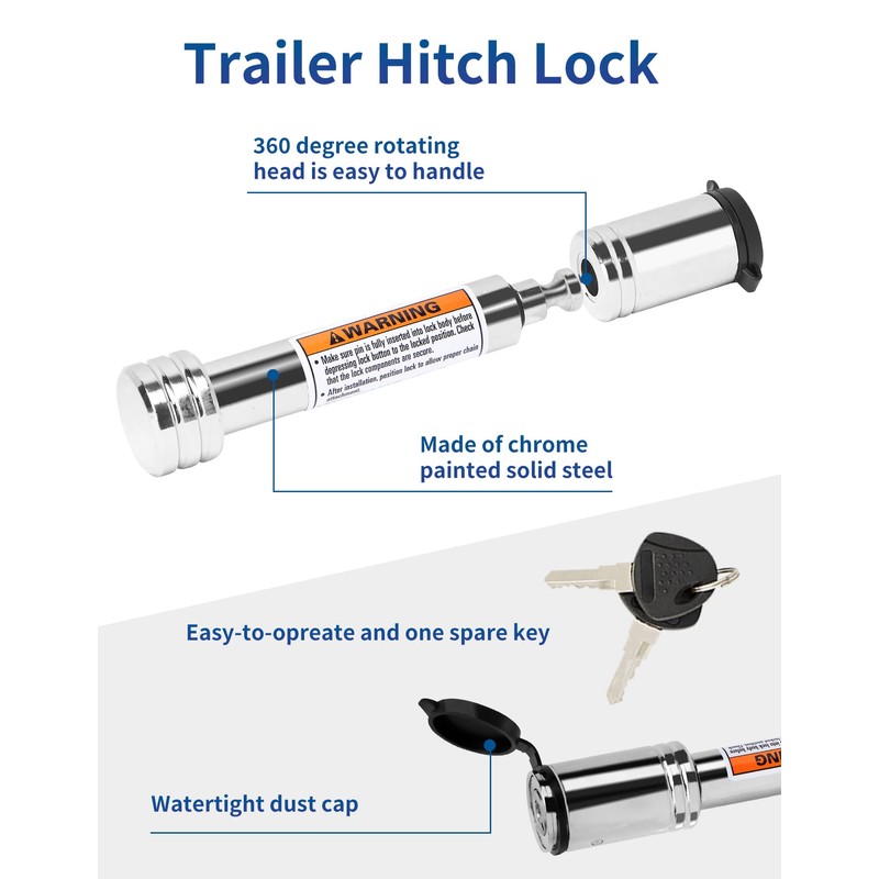 METOWARE Chrome Trailer Hitch Lock, 5/8" Dia Barbell-Style Locking Hitch