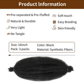 3 Packs 16 Inch Soft Twist Hair for Afro Marley Locs, Black Pre-Separated Spring Twist Hair for Locs Crochet Hair for Curly Marley Braiding Hair Extensions for Women