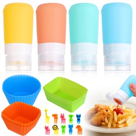 Squeeze Bottles for Sauces 2-oz Set, 4 Mini Silicone Salad Dressing Container to go with Lids, Leakproof Reusable for Lunch Box Work Trip, Includes 12 Food Dividers, 20 Fruit Forks, 1 Cleaning Brush