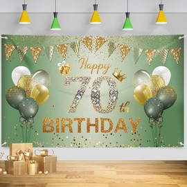 70th Birthday Decorations for Women Men, 70th Birthday Banner, 70th Birthday Backdrop Party Decorations, Sage Green Gold Happy 70th Birthday Banner Background for Birthday Anniversary Party Supplies