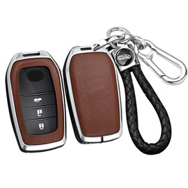 SANRILY PU Leather+Zinc Alloy 3/4/5/6 Button Key Fob Cover Fit for Toyot Land Cruiser 2023 2022 Venza RAV4 Prime Hilux Fortuner Tundra Corolla Sequoia Keyless Key Holder with Keychain Silver-Brown