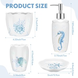 Vesici 4 Pcs Beach Bathroom Accessories, Ocean Animals Bathroom Decor, Under the Sea Tumbler, Soap Dispenser, Toothbrush Holder, Starfish Soap Dish for Ocean Beach Theme Decoration
