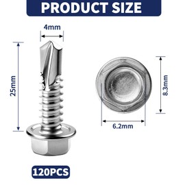 120 PCS Self Tapping Screws Metal M4.2X25MM Hex Head Self Drilling Screws 410 Stainless Steel Tech Screws for Metal Self Tapping Bolts for Metal Sheets Ventilation Pipes Corrugated Roofing Windows