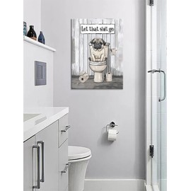 Funny Pug Dog Bathroom Wall Art Farmhouse Dog On Toilet Canvas Decor Vintage Bathroom Picture for Pug Lover Modern Artwork Home Decorations for Bathroom Framed 12"x16"