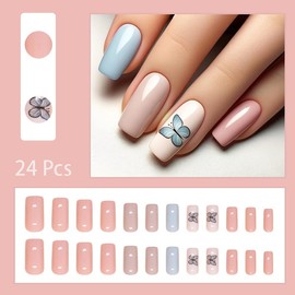 24pcs Fall Butterfly Press on Nails Medium Coffin Solid Color Fake Nails Cute Butterflies False Nails Stick on Nails Full Cover Artificial Nails for Women Girl Nail Art Decoration
