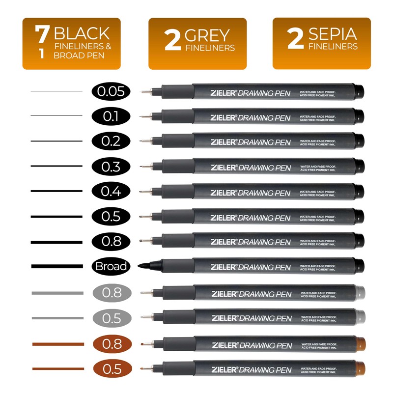 Zieler 12 Fineliner Drawing Pens | 8 Black, 2 Grey
