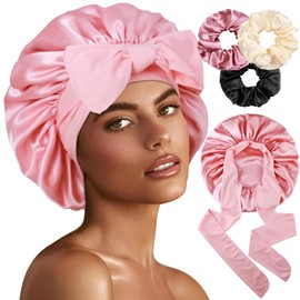 1+3 Large Satin Bonnets with Scrunchies for Women, Double Layer Hair Bonnet Tie Bonnet for Sleeping Braids Curly Hair, D