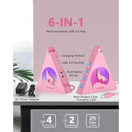 JoyReken Powered USB Hub (Pink), 6-Port USB 3.0 Hub with 4 High-Speed Data Ports, 2 Smart Charging Ports (2.4A), RGB Night Light, 48W Power Adapter, Compatible with PC, Mac, Laptop, Flash Drives.