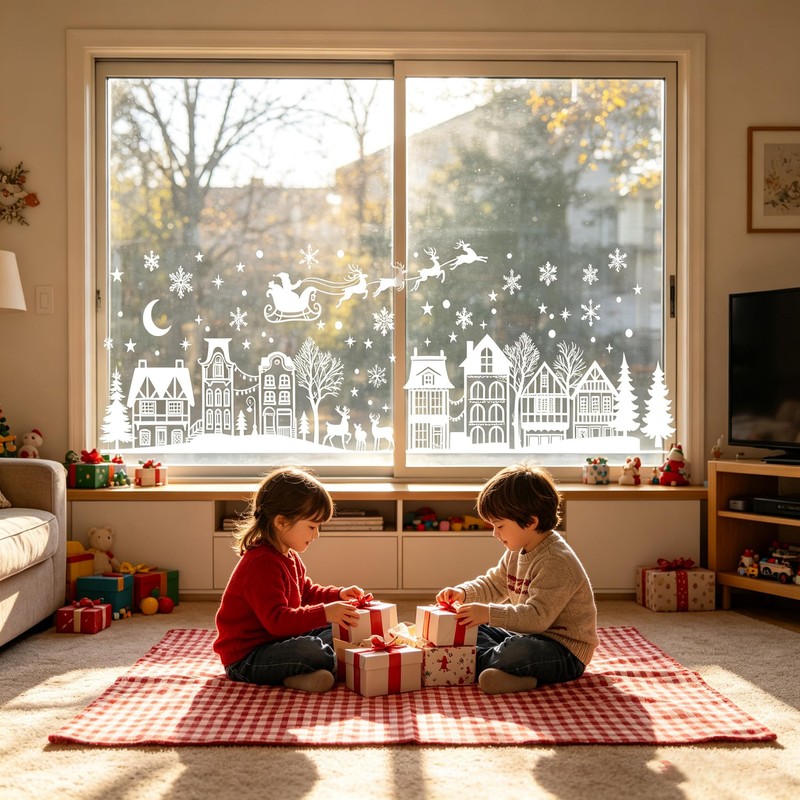 Christmas Village Window Clings Large White Winter Glass Decals