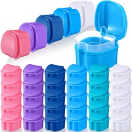 Zubebe 30 Pcs Denture Bath Retainer Case Holder Bulk with Strainer Basket Dental Cup Denture Soaking Container False Teeth Storage Box for Travel Cleaning Brace Mouth Guard, 5 Colors