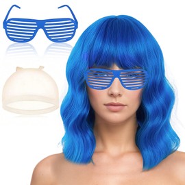 Blue Wigs,Wavy Short Mermaid Wigs and Sunglass Set with Wig Cap,Shoulder Length Curly Synthetic with Fringe,for Christmas Masquerade Cosplay Party Use