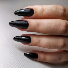 VOTACOS French Tip Press on Nails Medium Almond Fake Nails with Designs Black Chrome False Nail Glossy Stick on Nail for Women