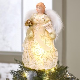 Longzhuo Angel Christmas Tree Topper, Fibre Optic Christmas Tree Topper Angel, Angel Decoration Christmas Tree Top Topper with Feather Wings, Light Up Xmas Angel, 30cm/11.8in(Gold-Warm Light 2025New)