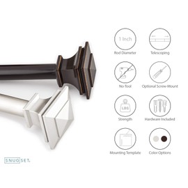 Nickel Curtain Rod, 36"-72" Adjustable Rod, Quick Easy Installation, No Tools Option, 1" Diameter, Durable Steel Construction, Supports Heavy Fabrics, Decorative Square Finial, 3 Brackets Included
