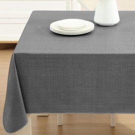 Cafe Hotel Linen Look Solid Color Heavy 4 Gauge Vinyl Flannel Backed Tablecloth, Indoor/Outdoor Wipe Clean Tablecloth, 60 Inch x 84 Inch Oval, Grey