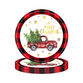 USUKUSI 100Pcs Christmas Paper Plates Rustic Truck Red Black Plaid Border Printed Round Disposable Plates for Christmas Holiday Dinner Birthday Party Supplies