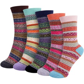 Riqiaqia 5 Pairs Women Winter Merino Wool Socks Thermal Warm Thick Knitting Crew Sock Ladies for Hiking Walking Climbing, Christmas Socks Gifts