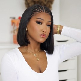 WIGER 13x4 Straight Bob Lace Frontal Wigs Braided Wigs for Black Women Glueless Bob Wig Braided Lace Front Wigs with Handmade Cornrow 12 Inch Synthetic Full Lace Natural Black Straight Bob Wigs