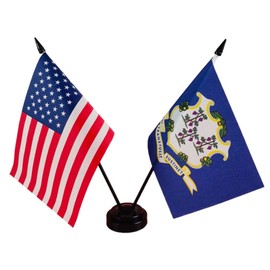 America & Connecticut Twin Desk Flag, US Connecticut Table Flags, 8 x 5 Inches American & Connecticut Deluxe Desk Flag Set - Miniature USA & Connecticut Stick Flag with Flag Stand
