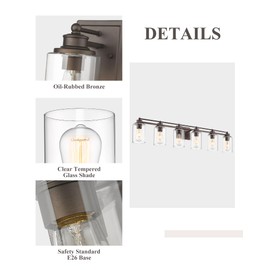 HWH Bathroom Lighting Fixtures Over Mirror 6 Light Oil-Rubbed Bronze Wall Vanity Lights with Clear Glass Shade, 5HLT63B-6W ORB