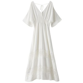 Olaesa Boho Maxi Dress V Neck Short Sleeve Lace Smocked Waist Bohemian Party Dress for Women with Pockets White