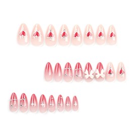 Almond Press on Nails Medium Fake Nails Ombre Red False Nails with Star Heart Design Glue on Nails 3D Bow Charms Full Cover Stick on Nails Valentine's Day Acrylic Nails for Women Manicure 24Pcs