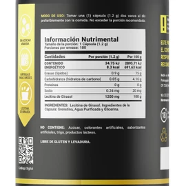 Lecitina de Girasol 180 Cápsulas Blandas 1200 mg. Ingredientes naturales. Sunflower Lecithin B Life.